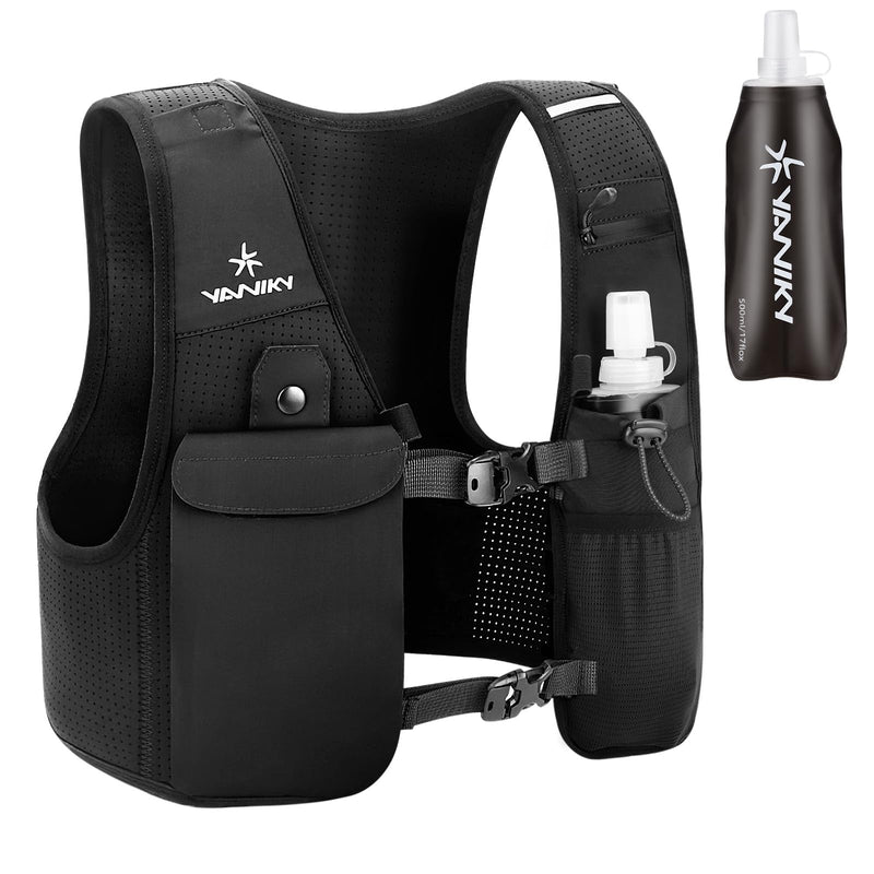 Running Vest for Women Men, Lightweight Breathable Hydration Vest with 500ml Soft Flask, Adjustable Reflective Running Vest with Pockets for Trail Running Hiking Medium-Black