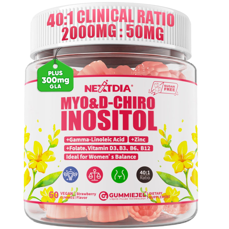 Inositol Gummies for Women + Evening Primrose Oil, Myo & D-Chiro 40:1 Ratio | Sugar Free Myo-Inositol Supplement with Vitamin D3 B6 B12 & Zinc, Hormone Gummies for Women's Daily Wellness, Vegan, 60Ct 60 Count (Pack of 1)