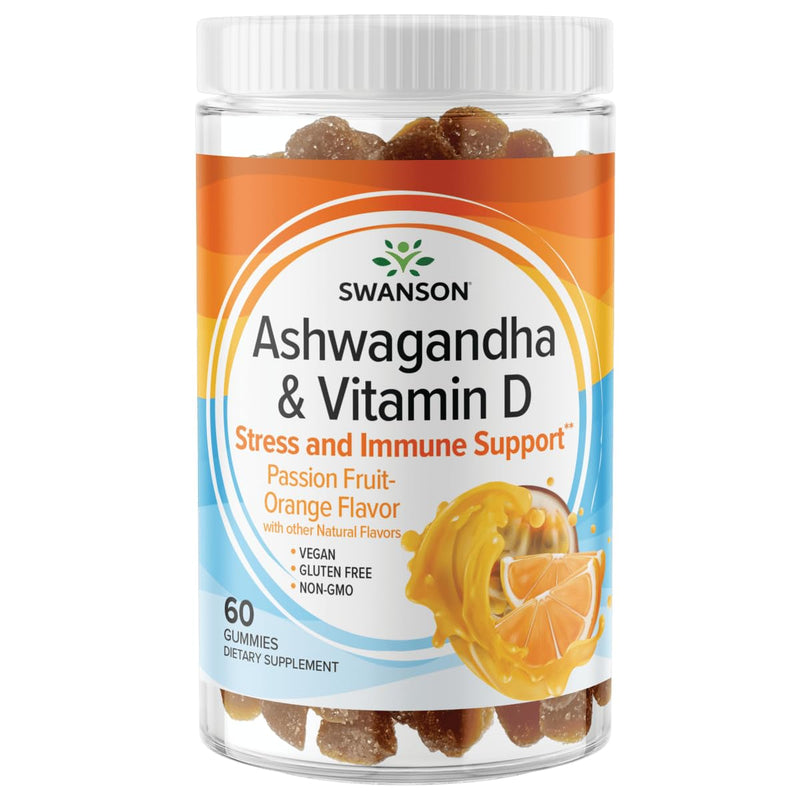Swanson Ashwagandha & Vitamin D Passionfruit, 60 Gummies | Encourages a Calm, Relaxed Mindset with Vitamin D for Immune Health in a Vegan, Gluten-Free Passionfruit-Orange Gummy