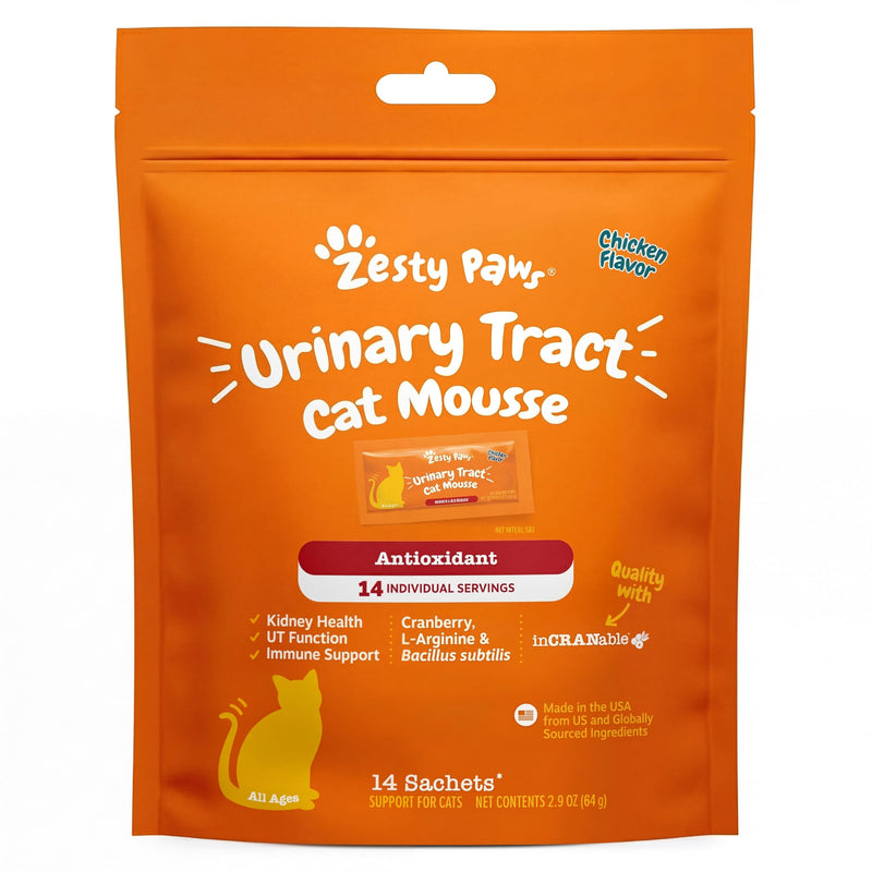 Zesty Paws Urinary Tract Cat Mousse - Kidney Support for Cats with Cranberry & D-Mannose - Healthy Cat Treats - Supports Bladder, Urinary Tract, Immune System & Gut Health - 14 Count