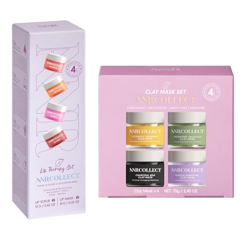 ANRCOLLECT Face and Lip Skincare Set with Clay Mask Set(4 Pack) and 1 Lip Care Kit(2 Lip Scrub and 2 Lip Mask)