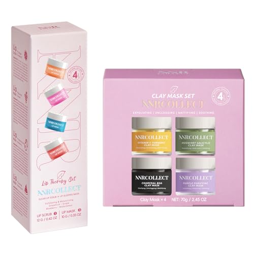 ANRCOLLECT Face and Lip Skincare Set with Clay Mask Set(4 Pack) and 1 Lip Care Kit(1 Lip Scrub and 3 Lip Mask)