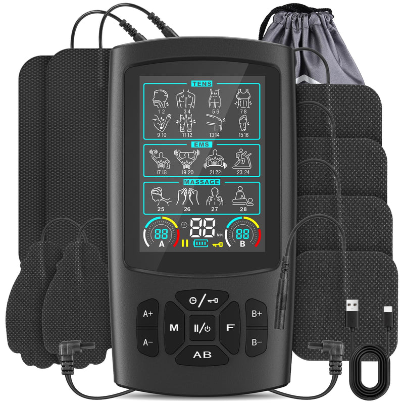 TENS & EMS Muscle Stimulator with 28 Modes, Dual Channel Muscle Stimulator Machine with 8PCS Electrode Pads, for Muscle Relief, Shoulder, Neck, Back, New Upgraded Color Screen Multi