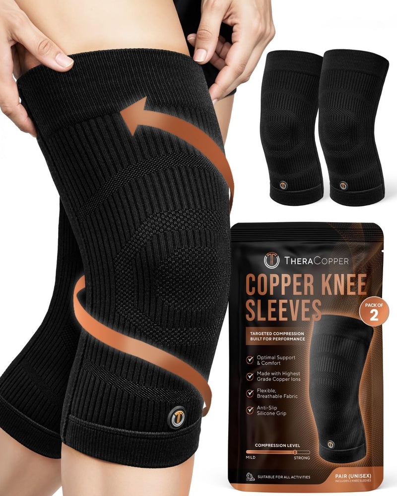 TheraCopper Copper Knee Brace for Men & Women (2 Pack) — Non-Slip Compression Copper Knee Sleeve for Arthritis, Knees Pain Relief, Swelling, Anti inflammatory and Recovery Support (Large) Large