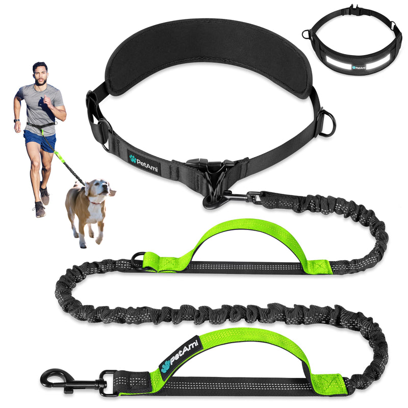PetAmi Heavy Duty Hands Free Dog Leash, Adjustable Waist Belt for Large Dog Walking Up to 125 lbs, Bungee Leash for Pet Running, Hiking, Reflective Safety for Jogging, Biking, Green Handle 1 Leashes
