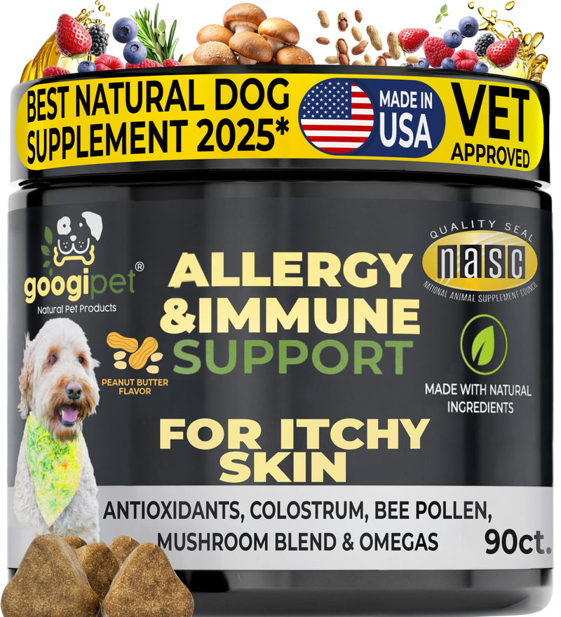 Googipet Dog Allergy Chews, Seasonal Dog Allergy Relief & Itchy Skin Relief, Skin & Coat Supplement Colostrum, Coconut Oil, Omega 3 Fish Oil, & Bee Pollen for Dogs Itch Relief (Peanut Butter Flavor) Allergy Chews (Peanut Butter Flavor)