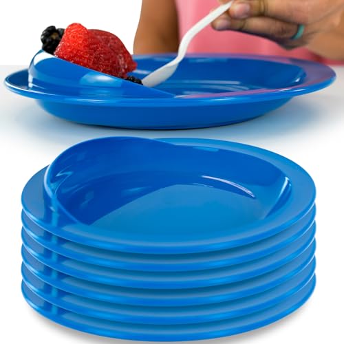 Vive Spill-Proof Scoop Plate, 9" (6 Pack) - Dish with Wall for Disabled, Handicapped, Elderly Adults with Special Needs from Parkinsons, Dementia, Stroke, Tremors with - Non Skid Padded Bottom Blue 1 Count (Pack of 6)