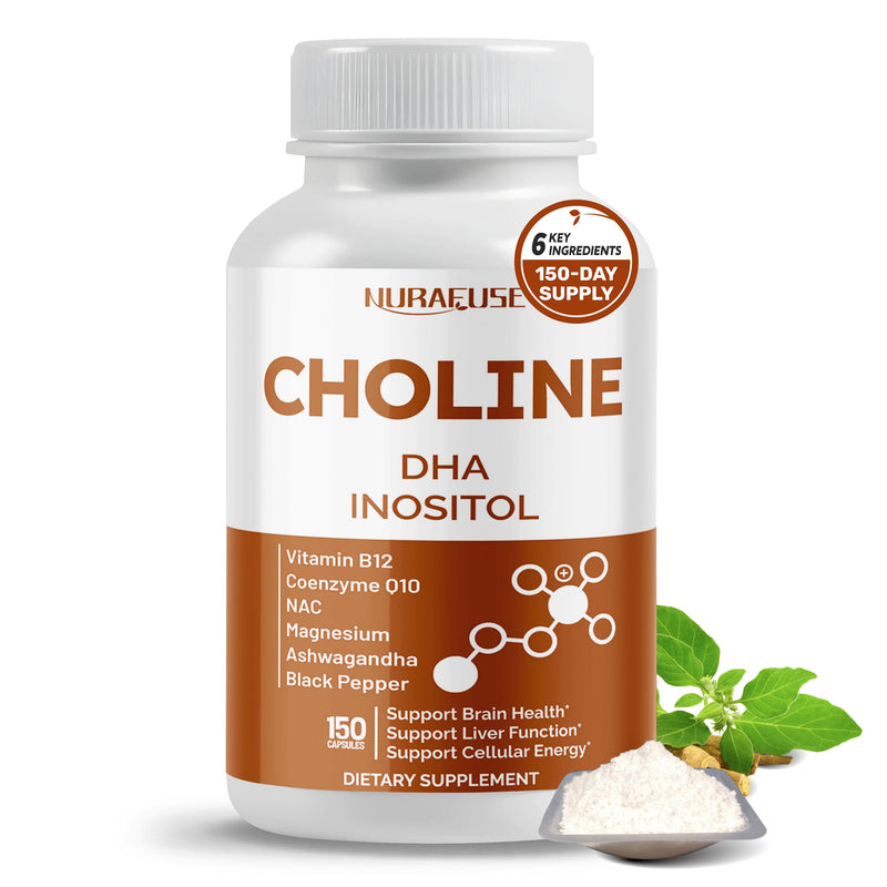 Choline with DHA, Inositol, Vitamin B12, Coenzyme Q10, NAC, Magnesium, Ashwagandha – Supports Brain Health, Promotes Liver Health 150 count (pack of 1)