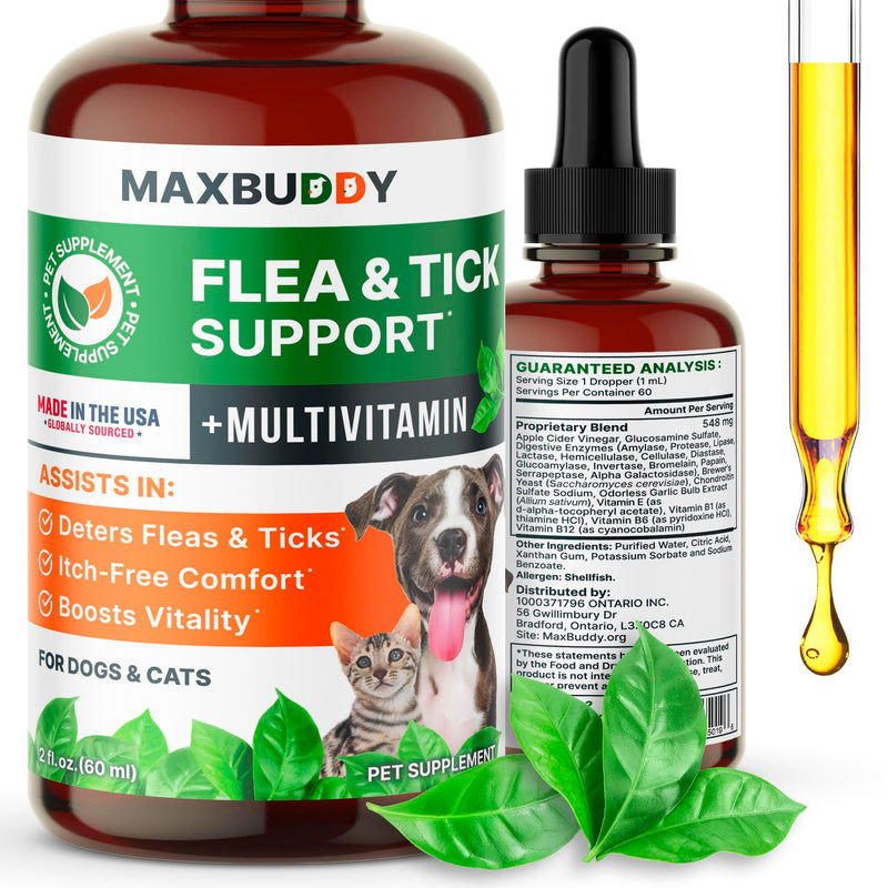 Flea and Tick Oral Prevention Support & Treatment for Dogs and Cats – Natural Flea Control with Multivitamin - Supplement Drops for Small and Large Dogs
