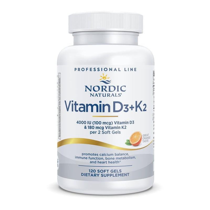 Nordic Naturals Pro Vitamin D3 + K2, 4000 IU D3, 180 mcg K2-60 Count | 4000 IU Vitamin D3 + 180 mcg K2. Bone Health & Immune Function. Calcium Balance Support. Orange Flavor. Non-GMO. 30 Servings.
