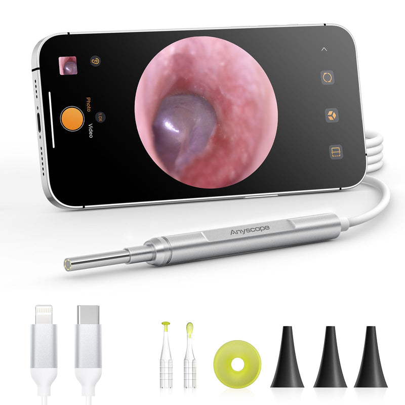 Digital Otoscope Compatible with iPhone and Android Devices, HD Ear Camera with Ear Wax Removal Tools, Video Ear Scope Otoscope with Light, Capture Photos and Videos (Silver) Silver - BeesActive Australia