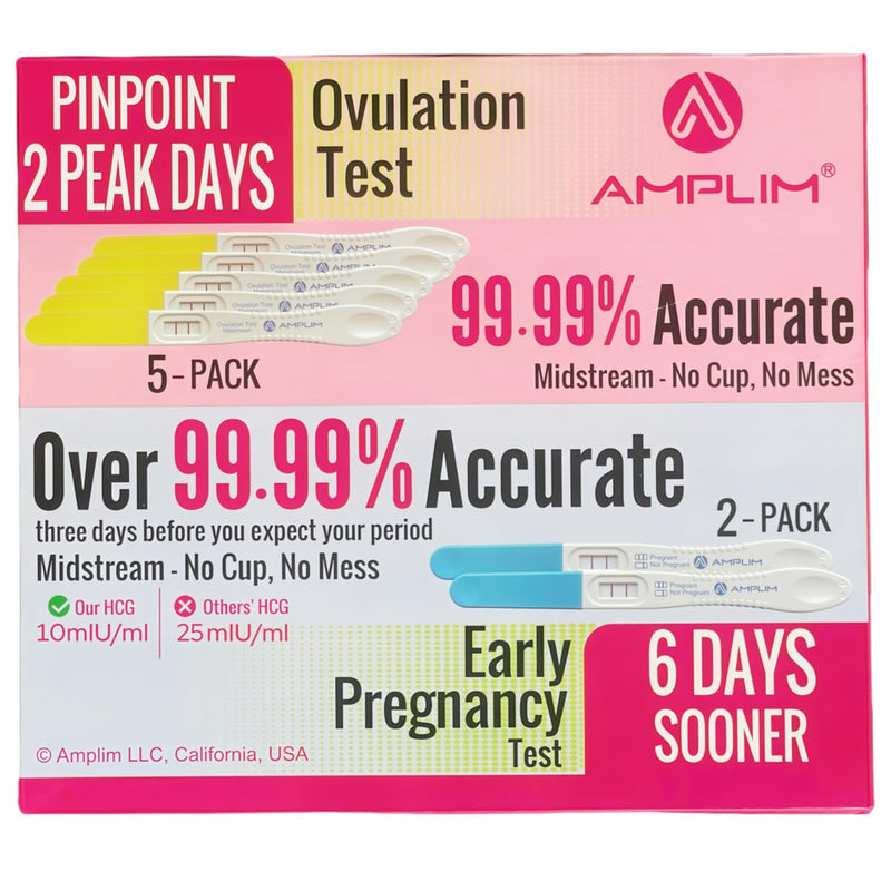 Amplim Midstream HCG Pregnancy Test (2) and LH Ovulation Tests (5) Kit, 99.99% Accurate at Home Pregnancy Predictor 6 Days Early Result, Extra Sensitive Fertility Tracker - FDA Cleared 1 Count (Pack of 7) - BeesActive Australia