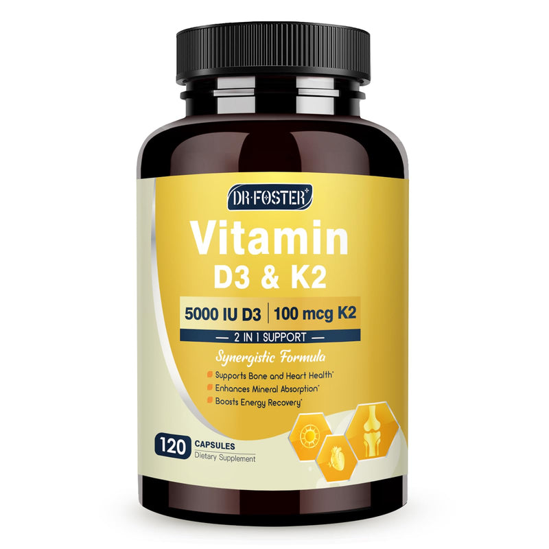 DRFOSTER Vitamin D3 K2 5000 IU with Zinc & Boron, 120 Vegan Capsules | 125mcg D3 and 100mcg K2 (MK7) with MCT, Bone Strength, Heart, and Immune Support, Non-GMO and Gluten Free 120 count（120 Servings）