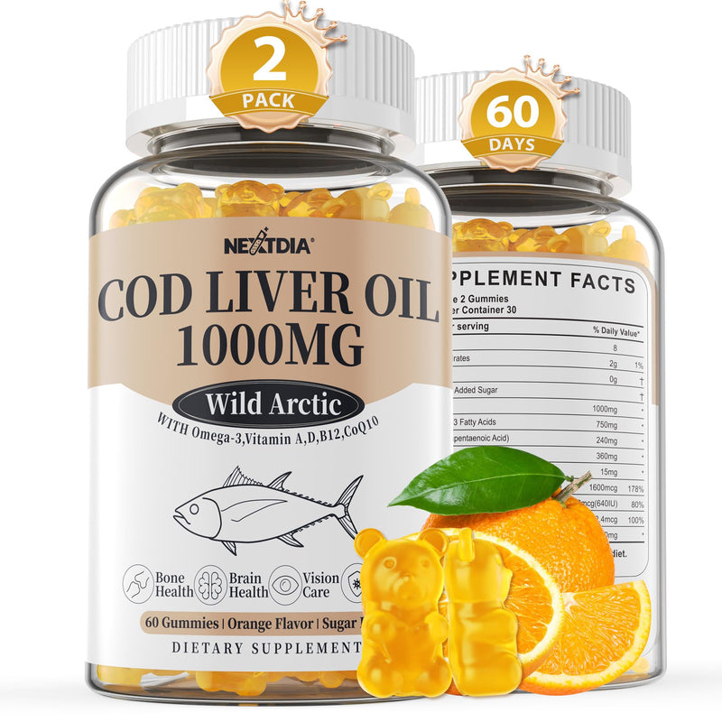 Cod Liver Oil 1000mg Gummies, w/Vitamin A & D3 Omega 3 Fish Oil Supplement | Brain, Bone, Eye & Immune Health - DHA 360mg & EPA 240mg for Adults & Kids, Sugar Free, 120 Count