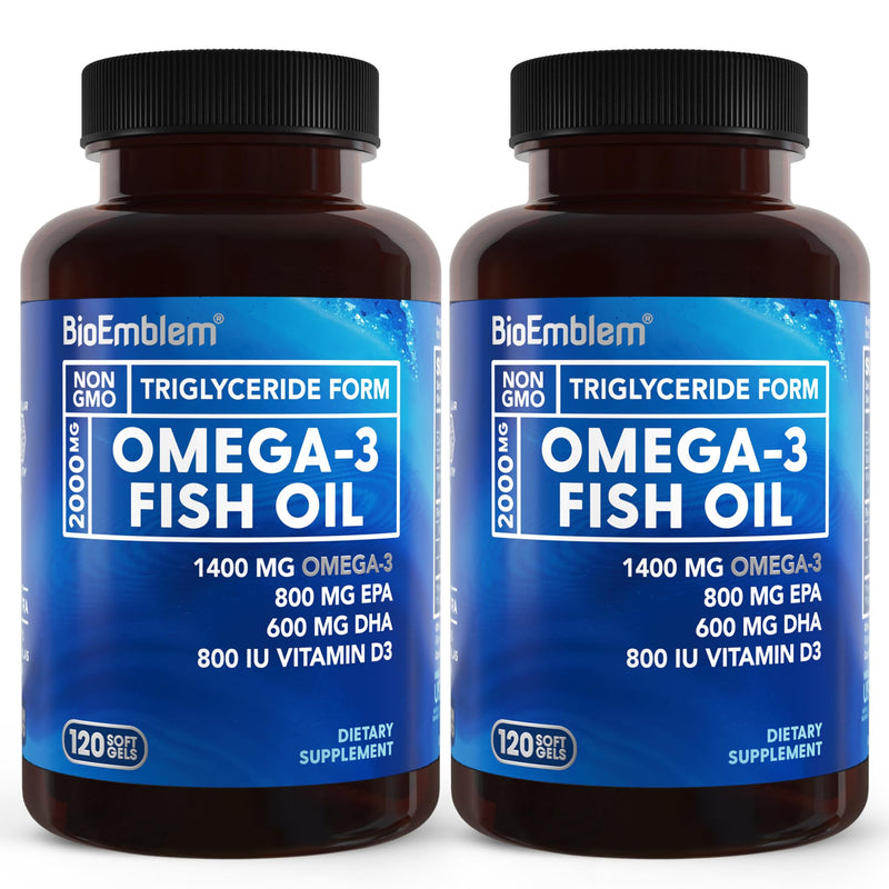 BioEmblem Omega-3 Fish Oil 2000mg Per Serving with Vitamin D3-240 Ct | Small Size Softgels, 1400mg Omega-3, 800mg EPA & 600mg DHA, High Absorption For Heart, Brain - Sustainably Sourced, Non-GMO 240 Count (Pack of 1)