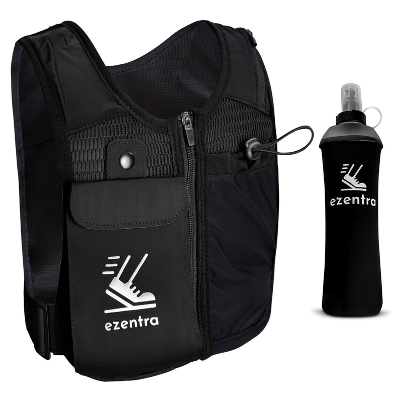 Running Vest Zip, Reflective Running Vests with 6 Pockets, 500ml Hydration Bottle, Adjustable Chest & Waistband, Breathable Material, Chest Pack Gear, Phone Holder, Men & Women Black XS- Small