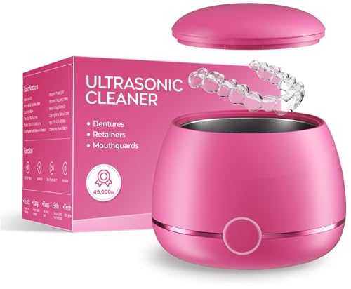 Dental Ultrasonic Retainer Cleaner Machine: Nicwell 200ML Dental Cleaning Pod for Denture, Mouth Guard, Night Guard, Braces, Tray, Aligner 45kHz Cleaner with Protection Design & Digital Timer Pink
