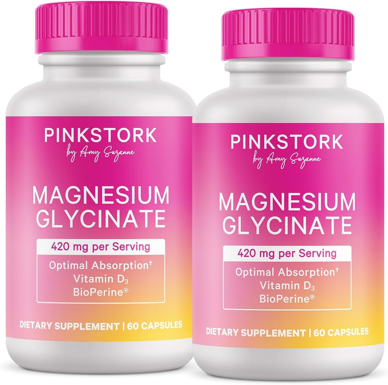 Pink Stork Magnesium Glycinate with Vitamin D for Women, 60 Servings | Magnesium Supplement, Support Natural Calm and Quality Sleep, Hormone Balance for Women, 2 Month Supply Unflavored 60 Count (Pack of 2)
