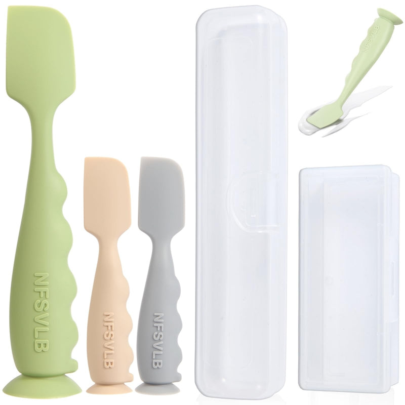 Baby Diaper Cream Spatula with Case-1 Large 2 Mini Butt Paste Spatula with 2 Travel Case-Soft Baby Butt spatula baby Diaper Cream Applicator-Diaper Rash spatula Bum Spatulas Brush Green Gray Beige