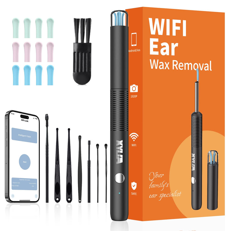 Xylla Ear Wax Removal Kit WiFi Ear Cleaner 1920P FHD Ear Camera,Ear wax remover with 8 PCS Ear Cleaning Kit,Ear Scope Otoscope with 6 LED Lights,Silicone Ear Wax Removal Tool for iOS & Android (Black) Black - BeesActive Australia