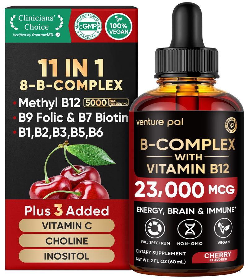 Vitamin B Complex 23000mcg - Methyl B12| B9 Folic|B7 Biotin,B1,B2,B3,B5,B6 | Vitamin B Complex Liquid Drops for Men & Women with Vitamin C, Choline & Inositol for Energy, Immune & Brain Support - 2Oz 2 Fl Oz (Pack of 1) V2-cherry
