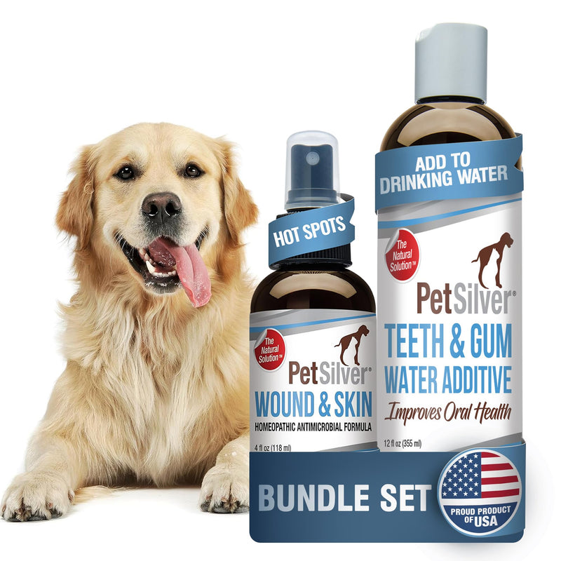 PetSilver - Wound & Skin Spray (4 fl oz) and Teeth & Gum Water Additive (12 fl oz) with Patented Chelated Silver - Wound, Hot Spot, Itch Spray - Natural Dental Additive for Cats and Dogs - Made in USA