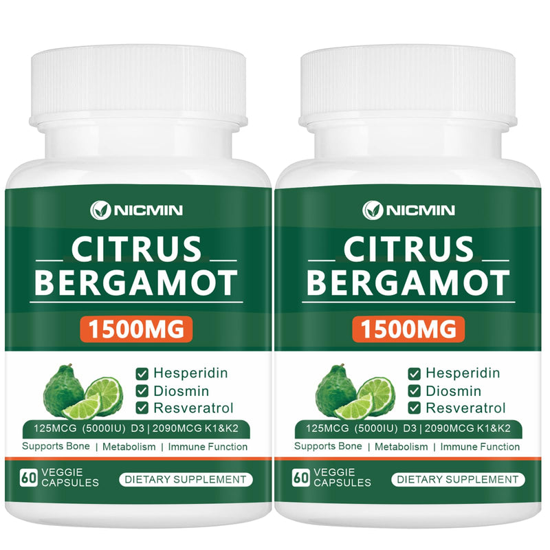 Citrus Bergamot 1500mg with Hesperidin, Diosmin, Resveratrol, Vitamin D3, K1 & K2 - Bergamot Supplement Supports Bone Health 120 Veggie Capsules