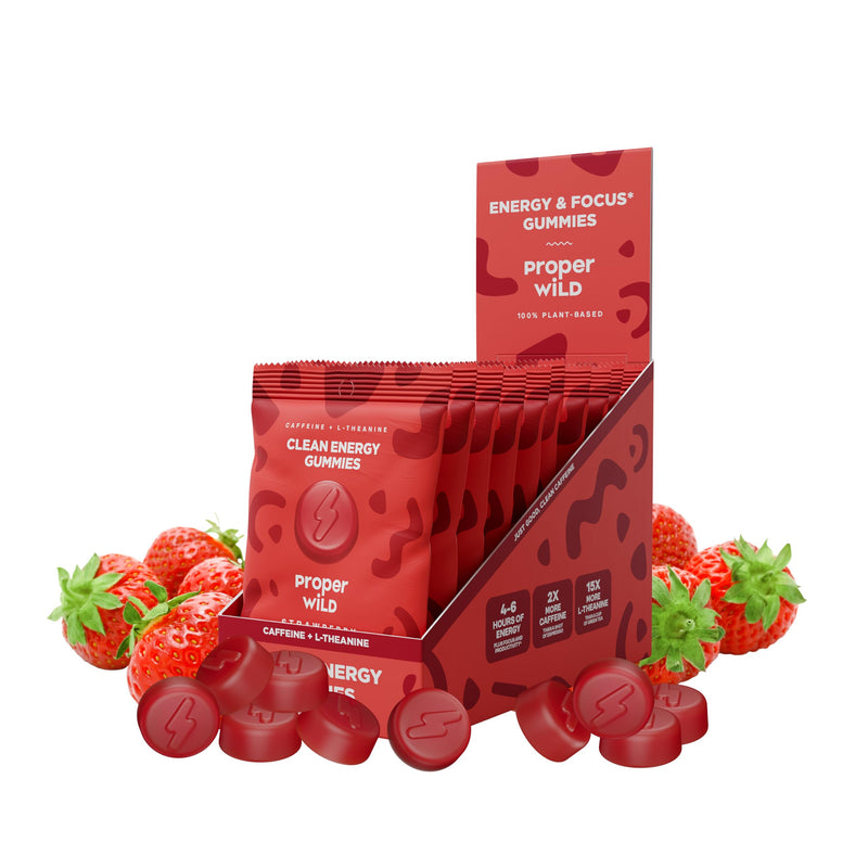 Proper Wild Vegan Energy Gummies with L-Theanine & Organic Caffeine, Clean Energy & Focus, Plant-Based, Gluten-Free, Non-GMO, Dairy-Free, Stevia-Free, Soy-Free, Strawberry (10-Pack)