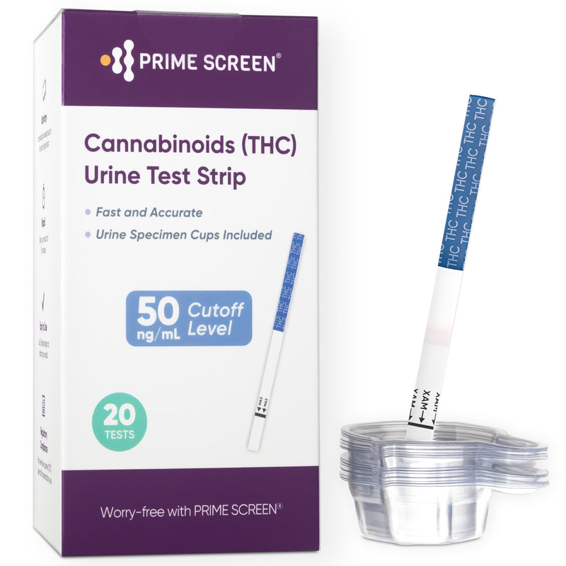 PRIME SCREEN® Cannabinoids (THC) Urine Test Strip 20 Pack with Cups Included, Highly Accurate and Sentitive at Home Marijuana Drug Test Kit