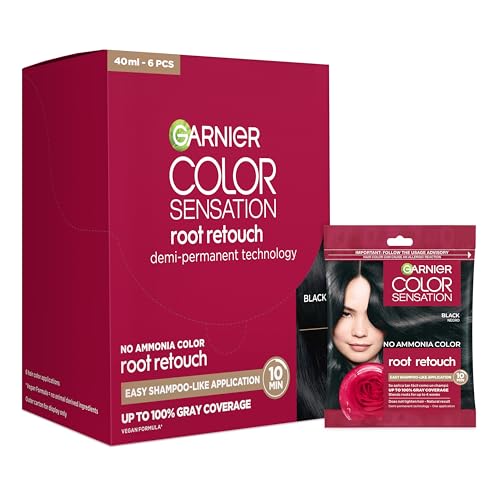 Garnier Color Sensation Root Retouch, Demi Permanent Hair Dye for Roots with 100% Gray Coverage and No Ammonia, Black Hair Dye 1.0, Pack of 6 (Packaging May Vary)