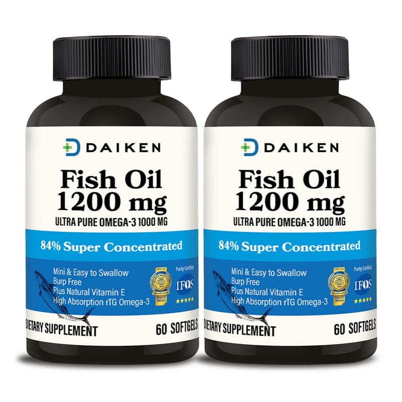 DAIKEN Fish Oil 1200mg, rTG Omega 3 1000mg, Burpless 60 Softgels 2 Packs | Triple Strength EPA, DHA for Heart & Brain- Wild Caught, Mercury Free - Non-GMO, Gluten Free, Third-Party Lab Tested NEW 60 Count (Pack of 2)