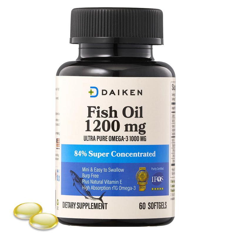 DAIKEN Fish Oil 1200mg, rTG Omega 3 1000mg, High Potency & Burpless 60 Softgels NEW 60 Count (Pack of 1)