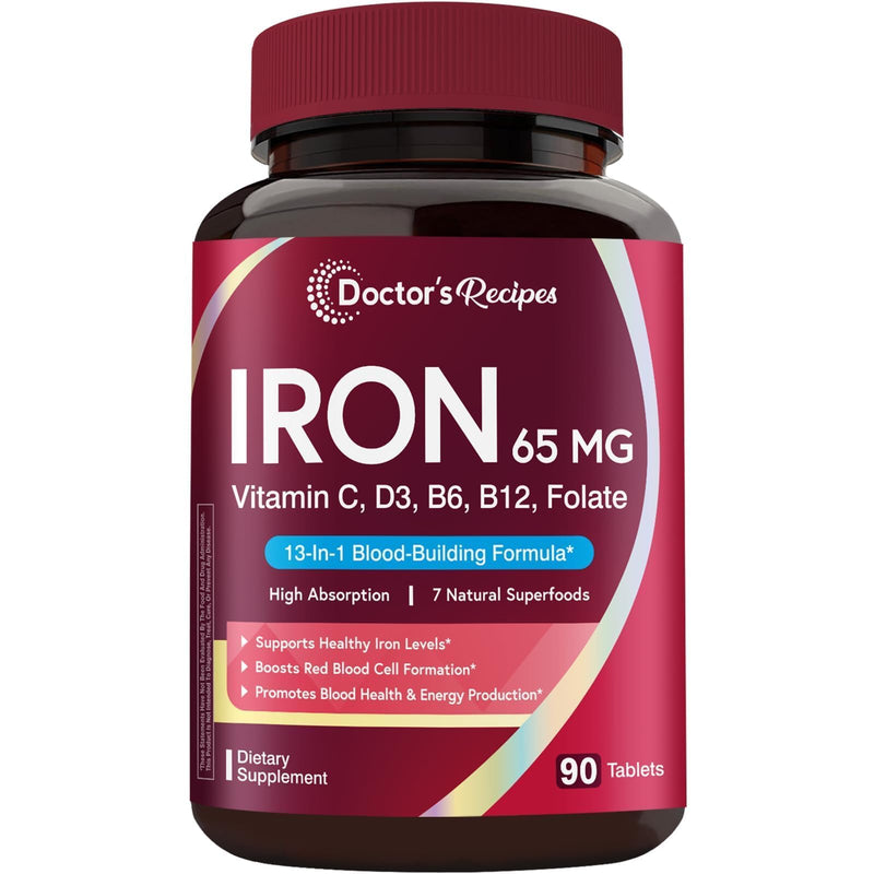 Doctor's Recipes Iron Supplement for Women & Men, Iron 65 mg with Vitamin C, D3, B6, B12, Folate, Beet Root, Pumpkin Seeds, for Energy & Red Blood Cell Support, 90 Tablets