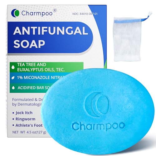 Charmpoo Antifungal Soap with Itch Relief: Effectively Relieve Itching Burning Cracking Caused by Jock Itch Athlete's Foot Ringworm Rashes - Gentle Acidified Bath Soap for Adults and Kids 4.5 oz