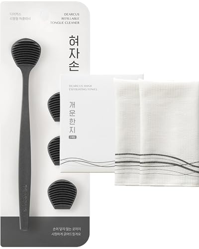 DEARCUS BPA Free TPE Tongue Scraper with 3 Replaceable Heads, Deep Gray + Exfoliating Towel, 2Pcs Sheets Bundle