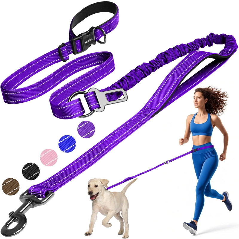 Kazazoo Hands-Free Dog Leash with 6-9FT Adjustable Length - Heavy Duty No Pull Bungee Design, Reflective Safety for Walking, Jogging & Training | Suitable for Medium to Large Dogs Purple L PRUPLE