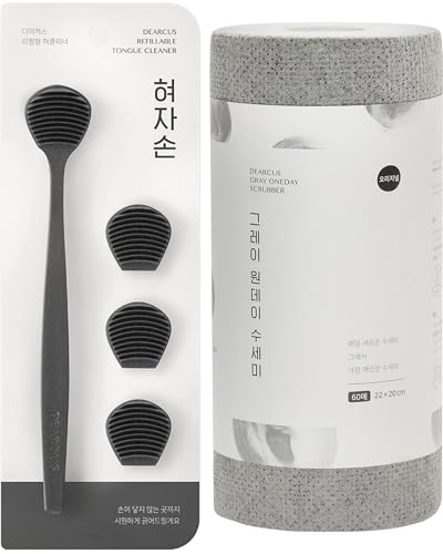 DEARCUS BPA Free TPE Tongue Scraper with 3 Replaceable Heads, Deep Gray + One Day Scrubber - for One Day Use, 60 Sheets Bundle