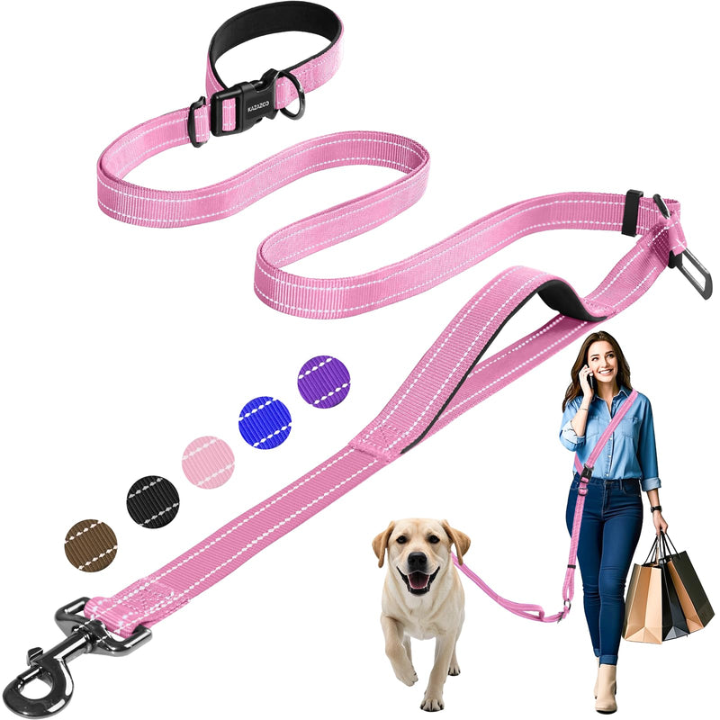 Kazazoo Hands-Free Dog Leash with Adjustable Length 6-9FT + Dual Padded Handles Reflective Safety for Walking, Jogging & Training | Suitable for Medium to Large Dogs & Puppies Pink-L L