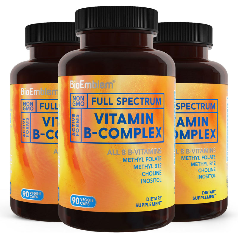 BioEmblem Vitamin B-Complex, 8 Active Forms Including Methyl, 270 Capsules | Methyl Folate, Methyl B12, B6, Biotin, Choline & Inositol - Supports Energy Metabolism, Brain, Heart & Nerves System Health 3pack_90 Capsule