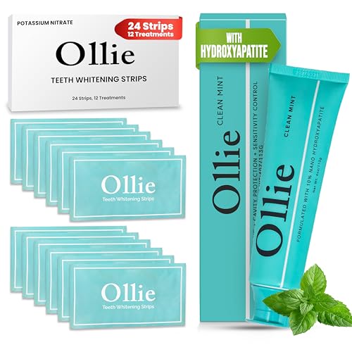 Ollie Clean Mint Nano Hydroxyapatite Toothpaste & Whintening Strips 24 Strips, 12 Treatments for Teeth Whitening
