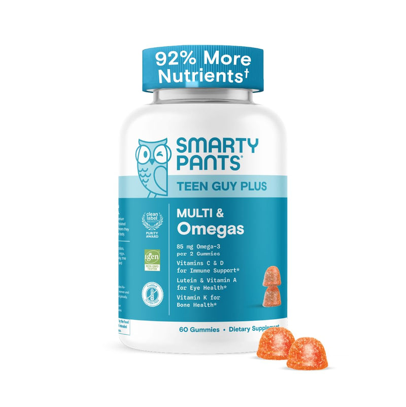 SmartyPants Teen Guy Multivitamin Gummies - Improved Formula: Omega 3 (DHA/EPA), Vitamin D3, C, Vitamin B12, B6, A, K & Zinc, Folate, Gluten Free, Fruit Flavor, 60 Count (30 Day Supply) New Formula - BeesActive Australia