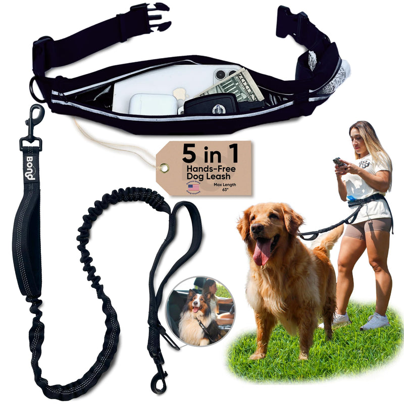 Bond Dog Running Leash Hands Free with Pouch, Hands Free Leash for Large Dogs, Pet Lead Running Belt for Walking & Canicross Belt, Includes Waist Jogging Fanny Pack & Pet Car Seat Belt Safety Medium Black