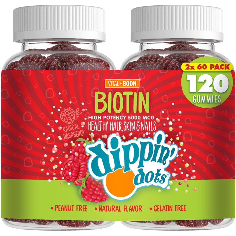Dippin' Dots Hair Skin and Nails Vitamins, Biotin 5000mcg (60 Day, 2 Pack) | Raspberry biotin gummies support hair growth, hair vitamins for women & healthy nails; gluten free, Non-GMO, 2-pack. 60 Count (Pack of 2)