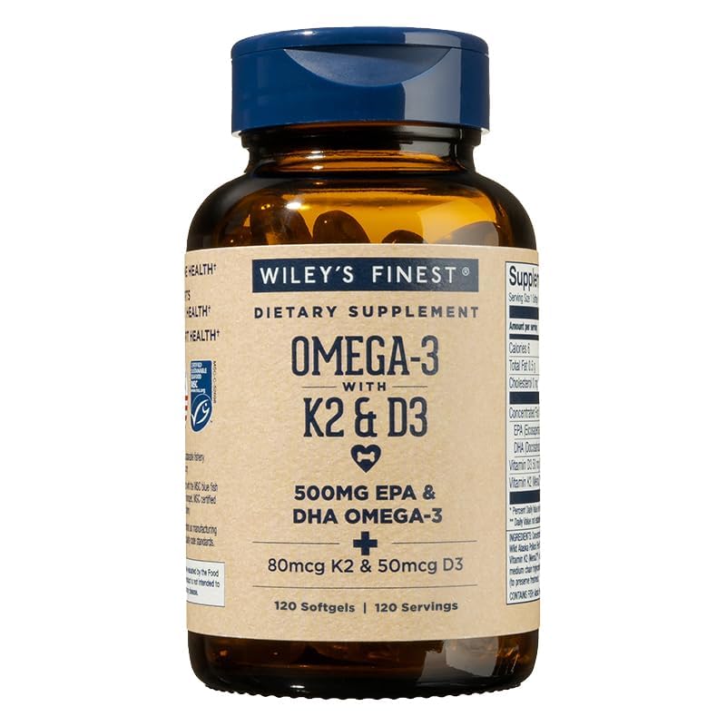 Wiley's Finest Omega-3 with Vitamin K2 and D3, 120 Count (Pack of 1) | Wild Alaskan Fish Oil, Vitamin K2 and D3 Softgels, 500 mg EPA and DHA, 80 mcg K2 and 50 mcg D3, Bone and Heart Health Support 120 Count (Pack of 1)