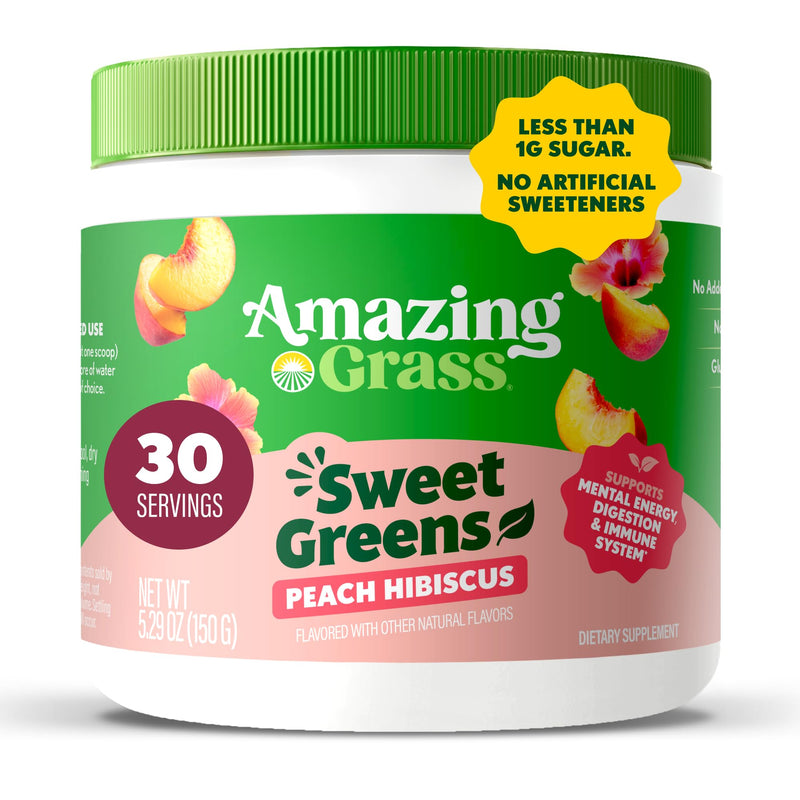 Amazing Grass Sweet Greens and Superfoods Powder for Digestive Health, Greens Powder, Digestive Enzymes, Probiotics, Spirulina, Chlorella, Peach Hibiscus, 30 Servings 30 Servings (Pack of 1) - BeesActive Australia
