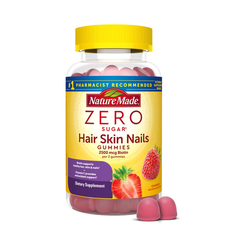 Nature Made Zero Sugar Hair Skin Nails Gummies, 120 Sugar Free Gummies | Biotin 2500 mcg per Serving, Support Healthy Hair, Skin and Nails, Strawberry Flavor, 60 Day Supply 120 Count (Pack of 1)