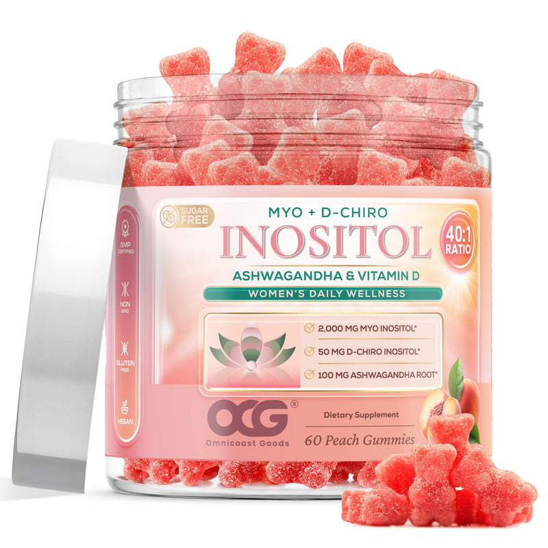 Myo-Inositol & D-Chiro Inositol Gummies with Ashwagandha Root & Vitamin D3 | 40:1 Ratio | Sugar-Free Peach Flavor | Non-GMO | Dietary Supplement | 60 Gummies 1