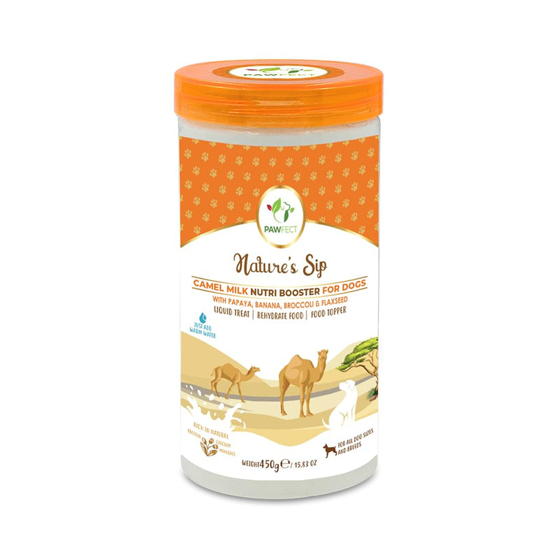 Pawfect Nature's Sip Camel Milk Powder with Papaya, Banana, Broccoli & Flaxseeds for Dogs- Easily Digestible- Pre & Probiotics- Healthy Topper- Low Glycemic- Hydration Support- 90 scoops(450g/15.87oz)