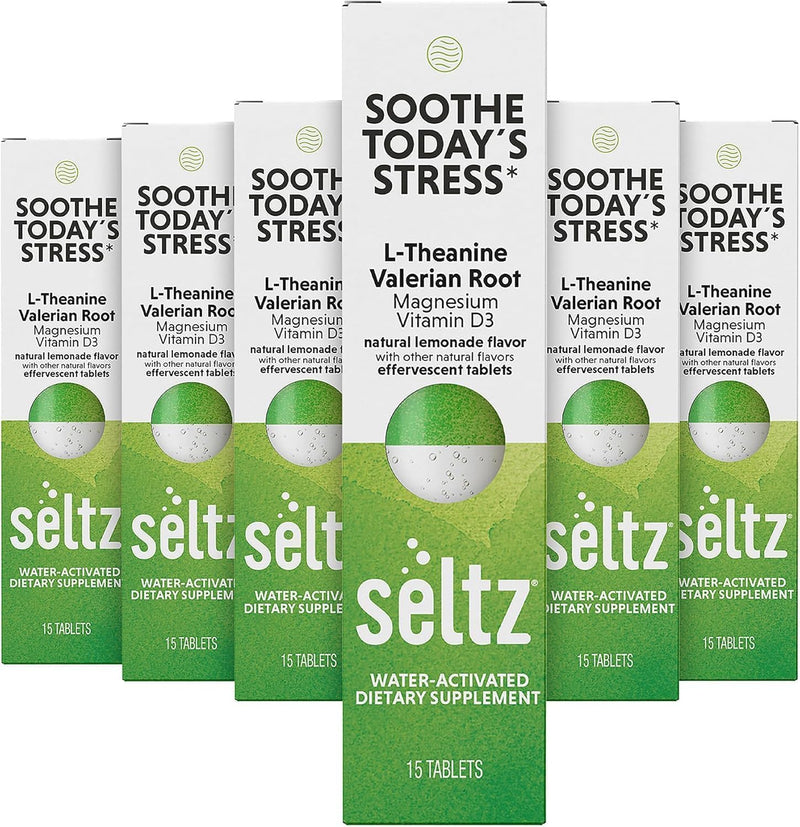 Seltz Stress Support Drink Tablets, Effervescent L-Theanine with Magnesium | Daily Balance, Daily Calm, Focus Support, No Sugar Added, Drop Fizz and Drink, Supports Hydration, 90 Tablets, 6 Pack 90 Tablets (pack of 6)