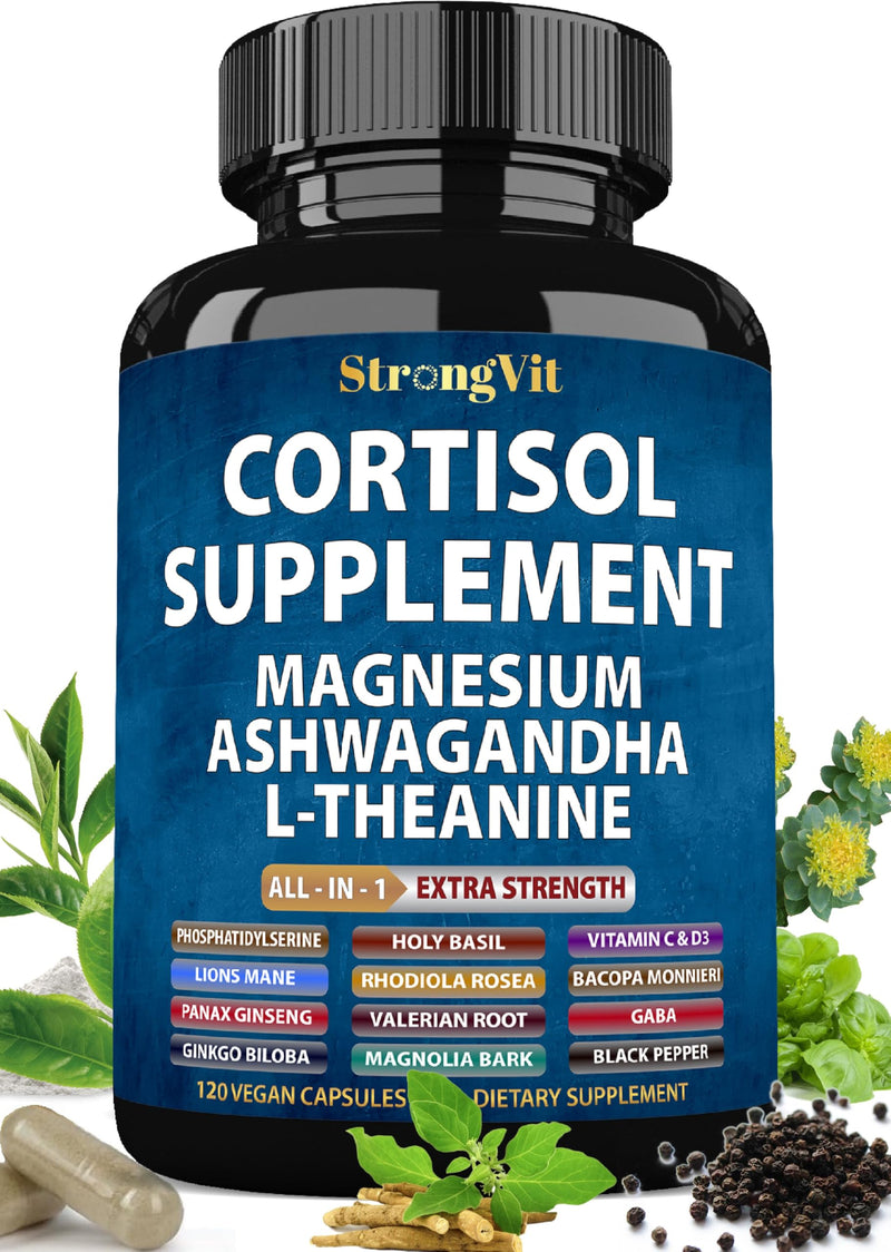 Cortisol Supplements for Women and Men with Magnesium, Ashwagandha 120 Caps 120 Count (Pack of 1)